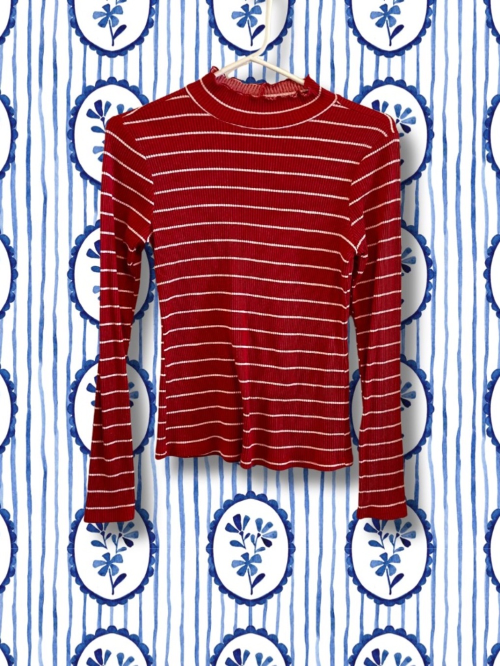 Ruffled Mock Neck, Red and White Striped Long-sleeve Ribbed Women's Top, XS
